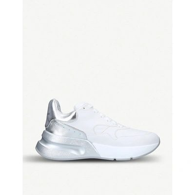 Shop Alexander Mcqueen Metallic Detail Wedge Leather Runner Trainers In White/oth