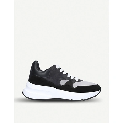 Shop Alexander Mcqueen Panelled Wedge Sole Leather And Suede Trainers In Blk/grey