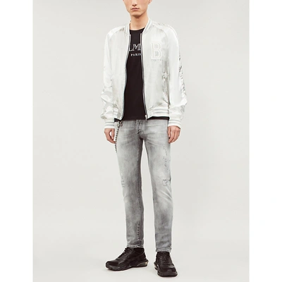 Shop Balmain Appliquéd Satin Bomber Jacket In Gris