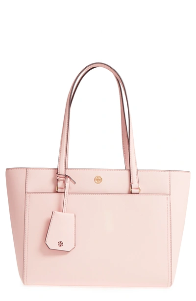 Shop Tory Burch Small Robinson Leather Tote - Pink In Pale Apricot / Royal