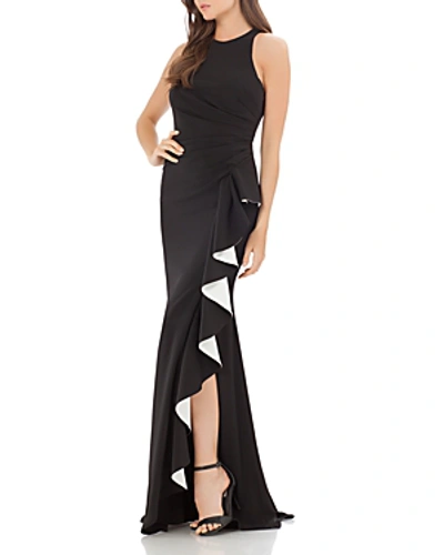 Shop Carmen Marc Valvo Infusion Contrast Ruffle Gown In Black/white