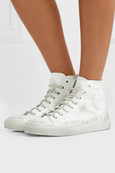 Shop Saint Laurent Bedford Logo-appliqued Distressed Leather High-top Sneakers In White