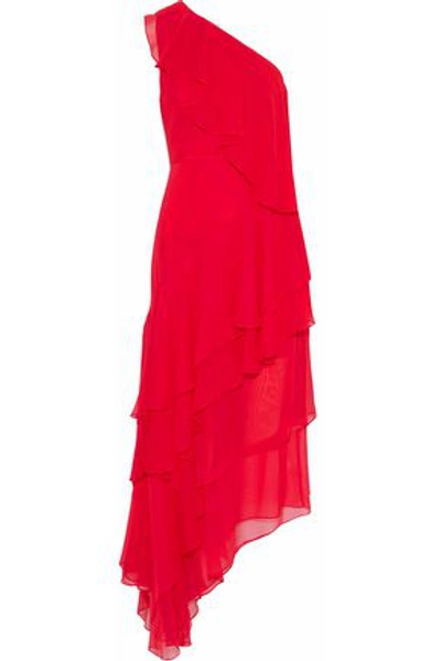Shop Alice And Olivia Alanis One-shoulder Ruffled Silk-georgette Gown In Red