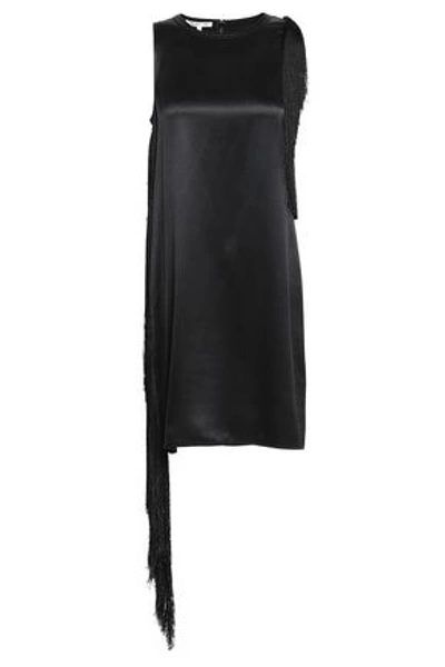 Shop Helmut Lang Fringe-trimmed Silk-satin Mini Dress In Black