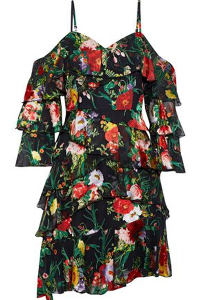 Shop Alice And Olivia Florentina Cold-shoulder Tiered Floral-print Fil Coupé Chiffon Mini Dress In Multicolor