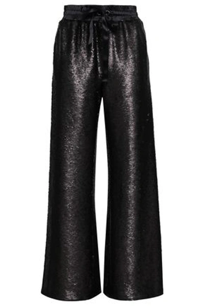 Shop Cinq À Sept Woman Sierra Silk Satin-trimmed Sequined Woven Wide-leg Pants Black