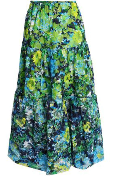 Shop Marques' Almeida Printed Ruffled Embroidered Tulle Midi Skirt In Lime Green