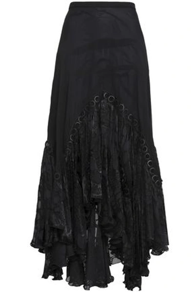 Shop Roberto Cavalli Embroidered Devoré-velvet Midi Skirt In Black