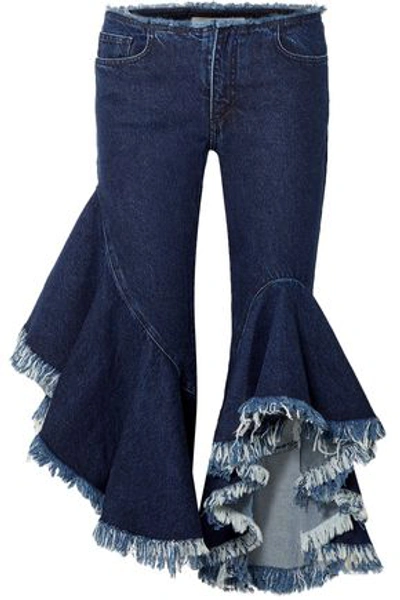 Shop Marques' Almeida Woman Ruffled Frayed Low-rise Kick-flare Jeans Dark Denim