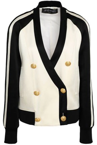 Shop Balmain Double-breasted Two-tone Satin-crepe Jacket In Off-white