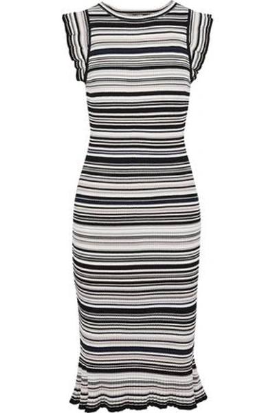 Shop Milly Woman Fluted Striped Ribbed-knit Dress Black