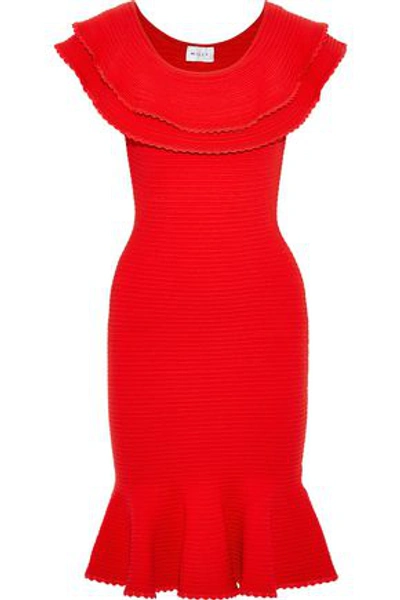 Shop Milly Woman Layered Fluted Ribbed-knit Dress Red