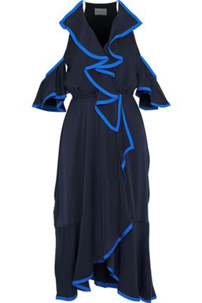 Shop Milly Woman Bryce Cold-shoulder Ruffled Stretch-silk Midi Dress Navy