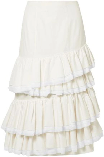 Shop Brock Collection Woman Sadie Tiered Gauze-trimmed Cotton And Silk-blend Midi Skirt Off-white