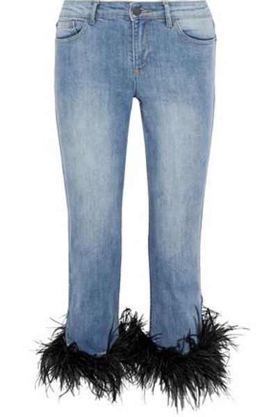 Shop Alice And Olivia Alice + Olivia Woman Tasha Convertible Feather-trimmed Low-rise Straight-leg Jeans Light Denim