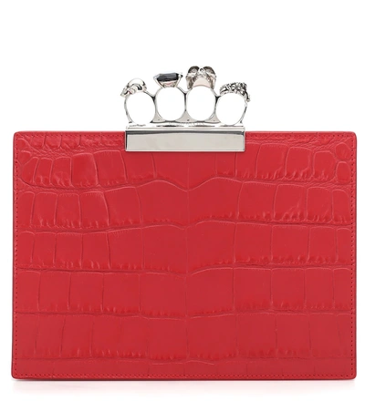 Shop Alexander Mcqueen Jewelled Small Four-ring Leather Clutch In Red