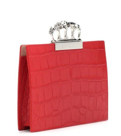 Shop Alexander Mcqueen Jewelled Small Four-ring Leather Clutch In Red