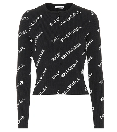 Shop Balenciaga Logo Ribbed Cardigan In Black