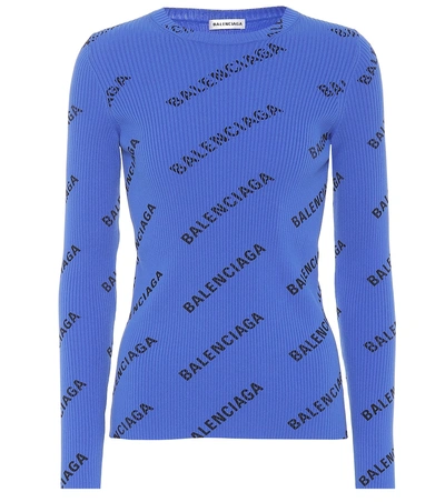 Shop Balenciaga Allover Logo Ribbed-knit Sweater In Blue