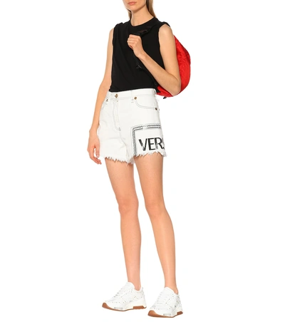 Shop Versace Vintage Logo Denim Shorts In White