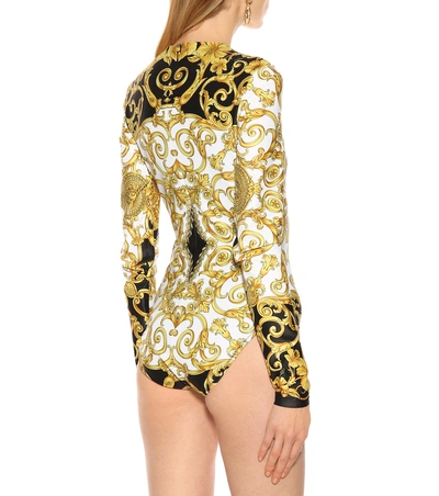 Shop Versace Printed Jersey Bodysuit In Gold