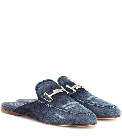 Shop Tod's Distressed Denim Slippers In Blue