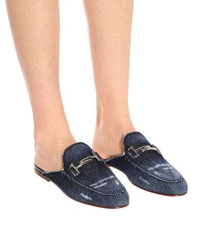 Shop Tod's Distressed Denim Slippers In Blue