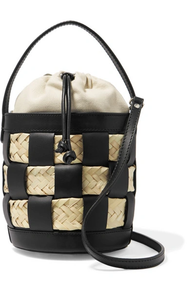 Shop Hereu Galeda Mini Woven Leather, Raffia And Canvas Bucket Bag In Black