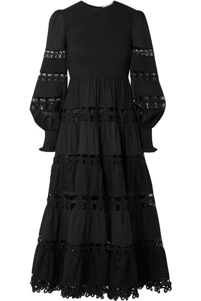 Shop Zimmermann Primrose Daisy Smocked Crochet-trimmed Fil Coupé Cotton-voile Midi Dress In Black