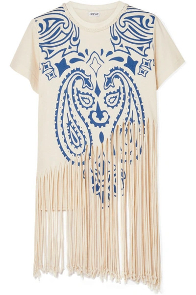 Shop Loewe Fringed Printed Cotton And Silk-blend Jersey T-shirt In Ivory