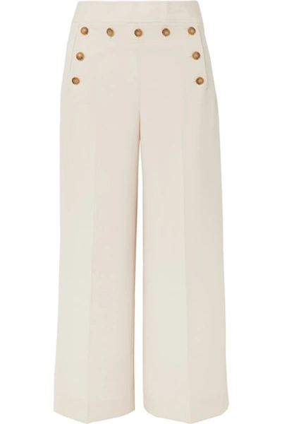 Shop Tory Burch Button-embellished Cropped Crepe Wide-leg Pants In Ivory