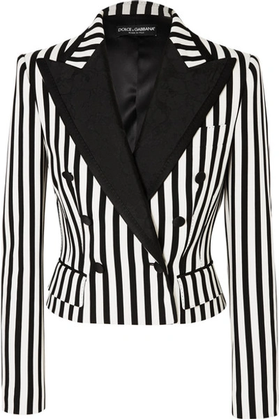 Shop Dolce & Gabbana Cropped Jacquard-trimmed Striped Cady Blazer In Black