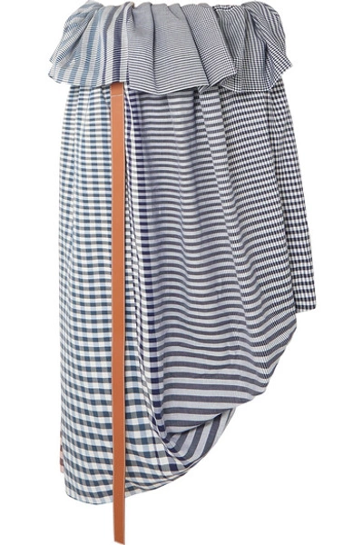 Shop Loewe Asymmetric Leather-trimmed Checked Cotton-jacquard Midi Skirt In Blue