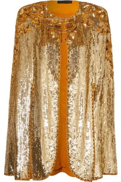 Shop Dundas Tasseled Sequined Silk-twill Cape In Gold