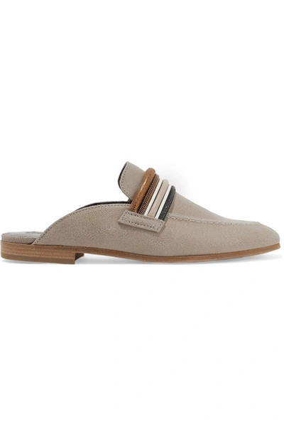 Shop Brunello Cucinelli Beaded Nubuck Slippers In Beige