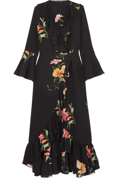 Shop Etro Ruffled Floral-print Silk Crepe De Chine Wrap Dress In Black