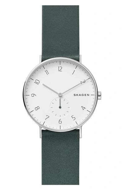 Shop Skagen Aaren Leather Strap Watch, 40mm In Green/ Silver