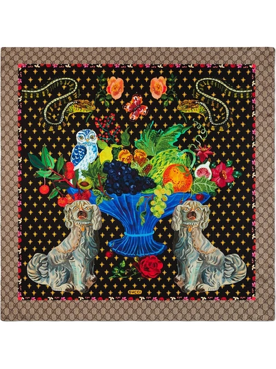 Shop Gucci Spaniel Dogs And Vase Print Silk Scarf - Black