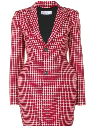 Balenciaga Hourglass Houndstooth Wool Blazer In Red