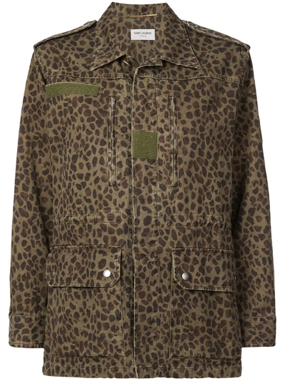 Shop Saint Laurent Leopard Print Military Jacket - Green