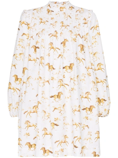 Ganni Weston Horse-print Cotton Dress In White Multi | ModeSens
