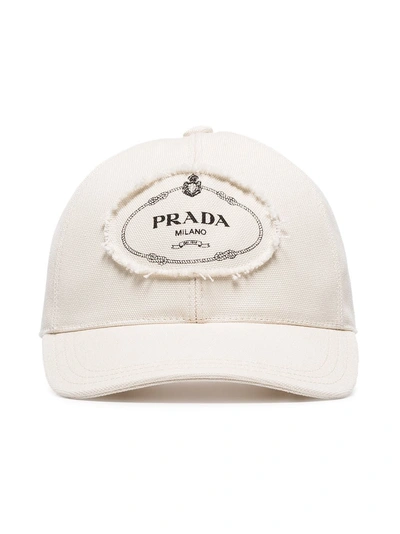 Shop Prada White And Black Logo Print Applique Cotton Cap