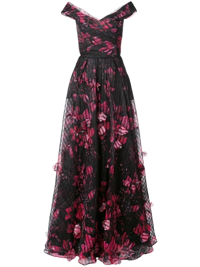 Shop Marchesa Notte Check Floral Print Bardot Gown - Black