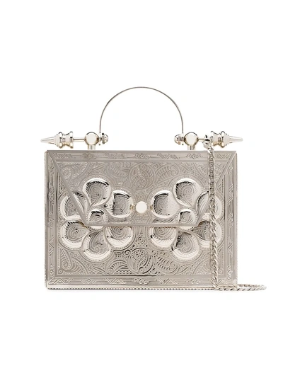 Shop Okhtein Silver Palmette Minaudière Embossed Metal And Leather Cross Body Bag