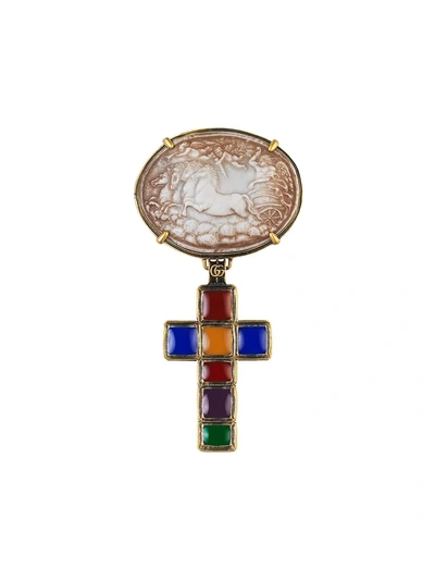 Shop Gucci Brooch With Cross And Cameo - Gold