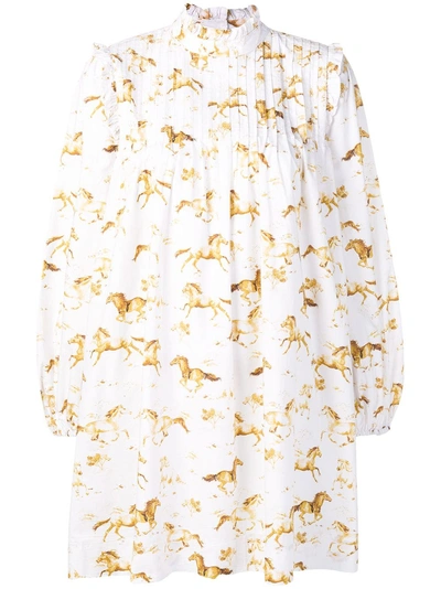 Shop Ganni Horse Print Flared Dress - White