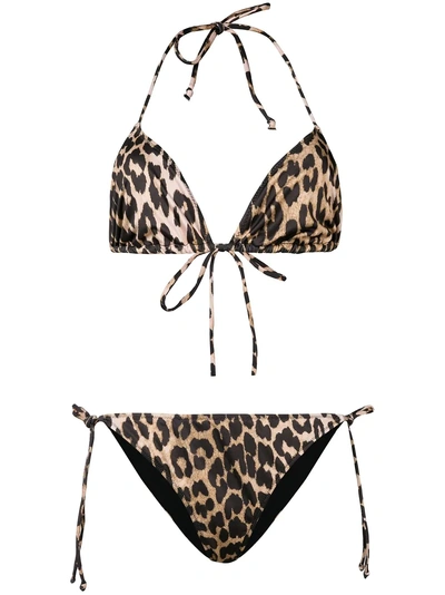 Shop Ganni Leopard Print Bikini Set In Neutrals