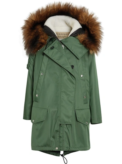 Shop Burberry Faux Fur Trim Parka With Detachable Warmer In Green