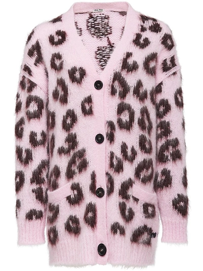 Shop Miu Miu Leopard Intarsia Cardigan - Pink