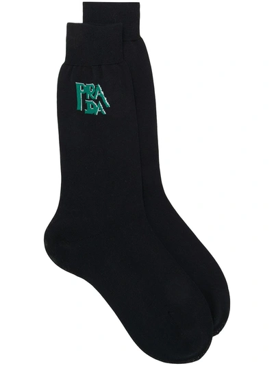 Shop Prada Intarsia Knit Logo Socks - Black